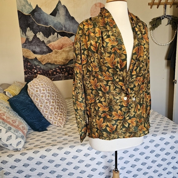 Vintage Quo Silk Leaf Print Blouse Jacket L | Fall Grandpa Fit - Picture 5 of 13